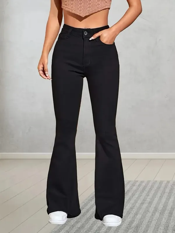 Stretchy_High-Waisted_Boot_Leg_Jeans_With_Black_Solid_Color_Flare_Pant