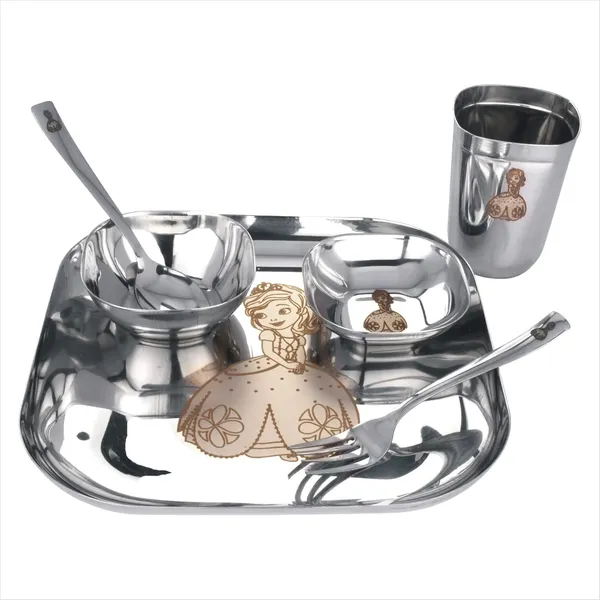 Grey_Square_Stainless_Steel_Baby_Dinner_Set__6_Piece_Dinner_Set_Bowl_Sweet_Dish_(Halwa_Plate)_Glass_Spoon_Plate_(Kids_Set_Laser_Printed_For_Girls)
