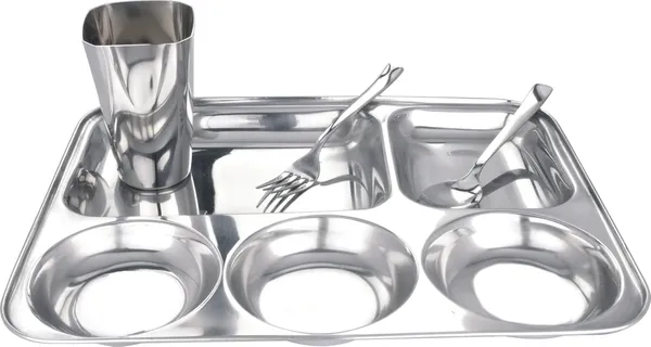 Grey_Stainless_Steel_Partitioned_Plates/Dinner_Set/Bhojan_Patra/Pav_Bhaji_Plate/South_Indian_Plate_Set_For_Kids_And_Adults_Glass_Spoon_Fork_Plate_(Partitioned_Plate_Dinner_Set)