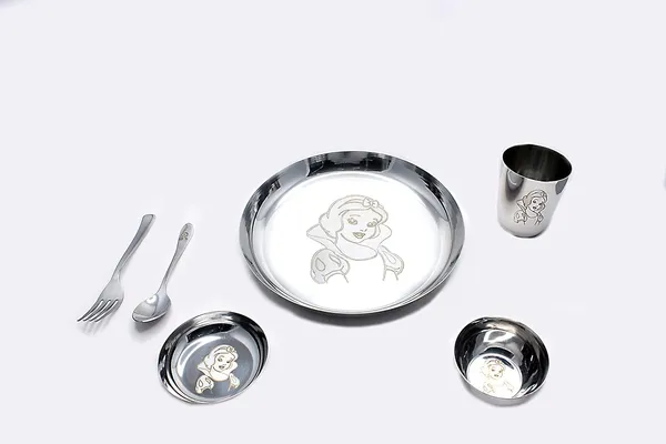 Grey_Stainless_Steel_Dinner_Set__6_Piece_Dinner_Set_Bowl_Sweet_Dish_(Halwa_Plate)_Glass_Spoon_Fork_Plate_(Kids_Set_Laser_Printed_For_Girls)