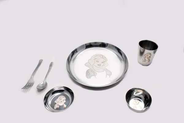 Grey_Stainless_Steel_Dinner_Set__6_Piece_Dinner_Set_Bowl_Sweet_Dish_(Halwa_Plate)_Glass_Spoon_Fork_Plate_(Kids_Set_Laser_Printed_For_Girls)