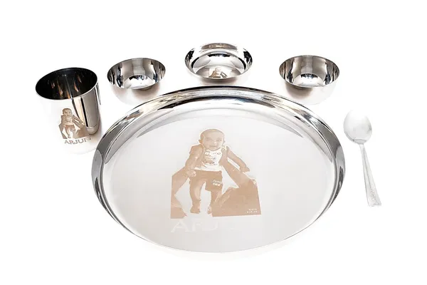 Grey_S_K_Metal_Customised/Custom_Laser_Print_Stainless_Steel_Dinner_Set__3_Bowls_Glass_Spoon_Plate_(12_Inch_Plain;Steel_)