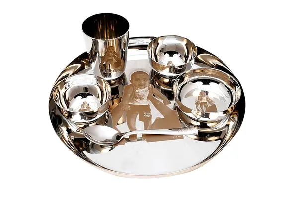 Grey_S_K_Metal_Customised/Custom_Laser_Print_Stainless_Steel_Dinner_Set__3_Bowls_Glass_Spoon_Plate_(12_Inch_Plain;Steel_)
