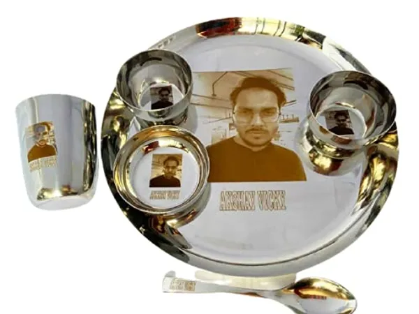 Grey_S_K_Metal_Customised/Custom_Laser_Print_Stainless_Steel_Dinner_Set__3_Bowls_Glass_Spoon_Plate_(12_Inch_Plain;Steel_)