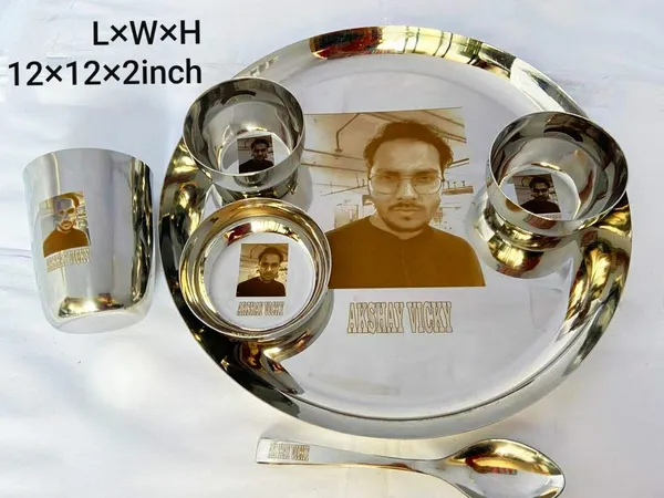 Grey_S_K_Metal_Customised/Custom_Laser_Print_Stainless_Steel_Dinner_Set__3_Bowls_Glass_Spoon_Plate_(12_Inch_Plain;Steel_)