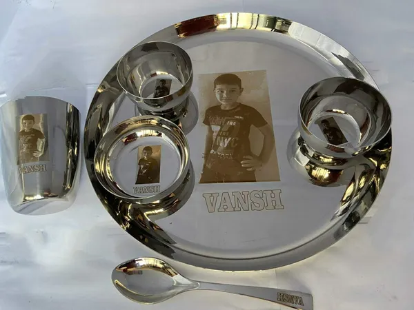 Grey_S_K_Metal_Customised/Custom_Laser_Print_Stainless_Steel_Dinner_Set__3_Bowls_Glass_Spoon_Plate_(12_Inch_Plain;Steel_)