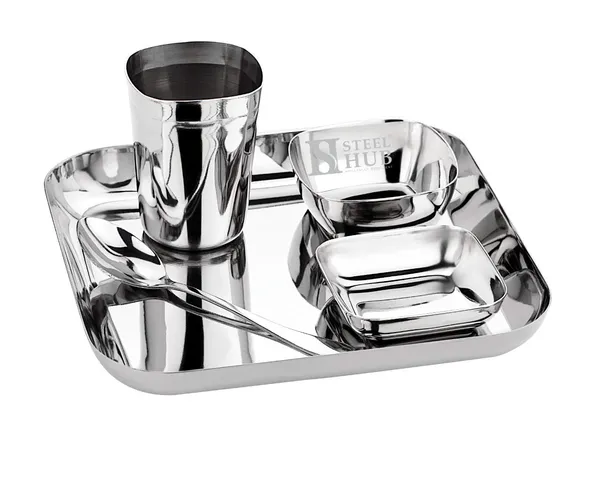 Grey_Stainless_Steel_Dinner_Set_For_Kids_Square_2_Bowls_Glass_Spoon_Plate_(8_Inch_Square)