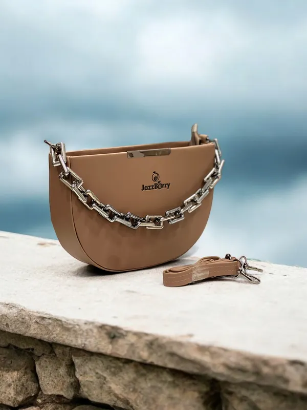 Fine Design Beige Solid Half Moon Women Handbag Premium Pu