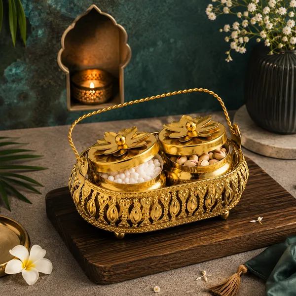 Golden_Metal_Floral_Lid_Twin_Container_With_Handle_Tray