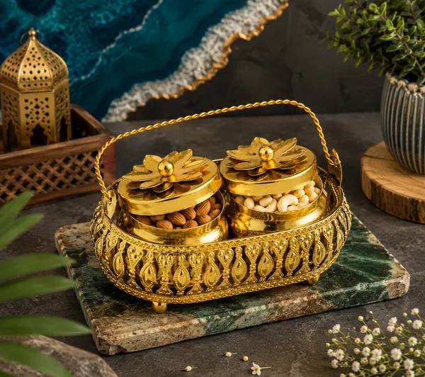 Golden_Metal_Floral_Lid_Twin_Container_With_Handle_Tray