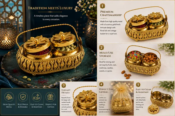 Golden_Metal_Floral_Lid_Twin_Container_With_Handle_Tray