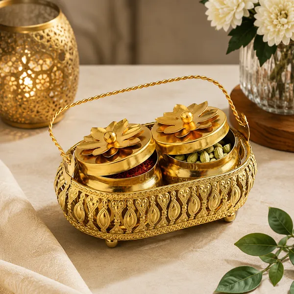 Golden_Metal_Floral_Lid_Twin_Container_With_Handle_Tray