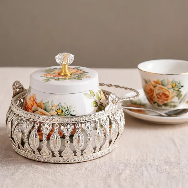 Floral_Ceramic_Sugar_Pot_With_Metal_Filigree_Stand