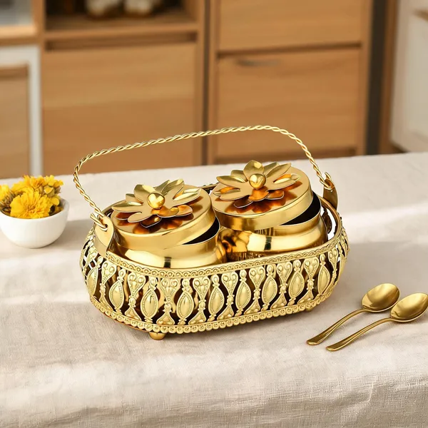 Golden_Metal_Floral_Lid_Twin_Container_With_Handle_Tray
