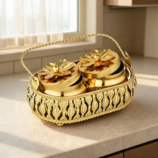Golden_Metal_Floral_Lid_Twin_Container_With_Handle_Tray