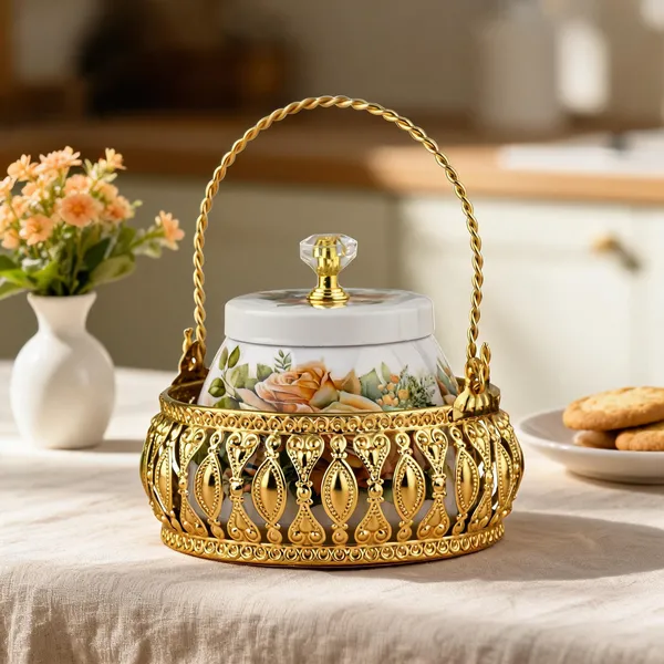 Ceramic_Floral_Print_Gold_Metal_Basket_Jar_With_Handle