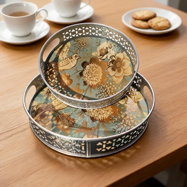 Metal_Floral_Print_Round_Decorative_Serving_Tray_Set