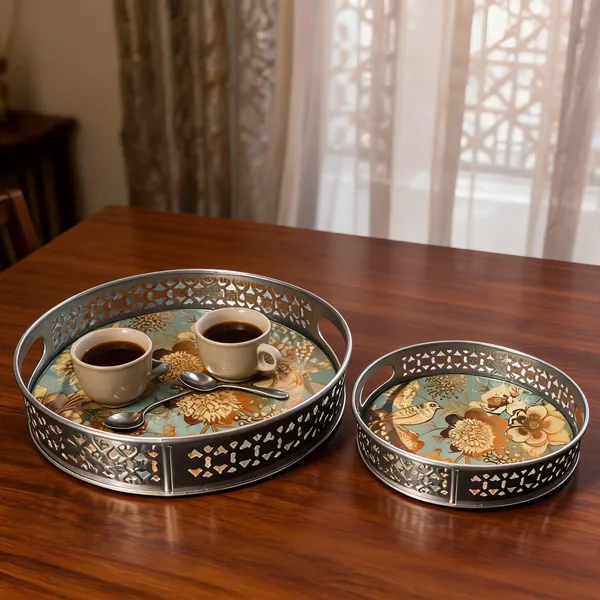 Metal_Floral_Print_Round_Decorative_Serving_Tray_Set