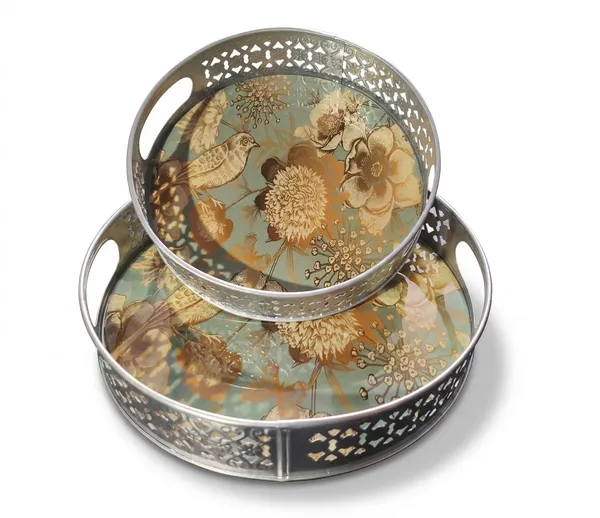 Metal_Floral_Print_Round_Decorative_Serving_Tray_Set