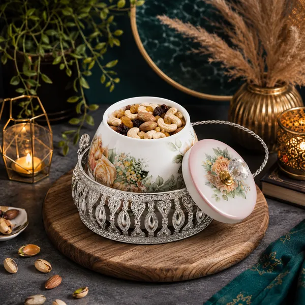 Floral_Ceramic_Sugar_Pot_With_Metal_Filigree_Stand