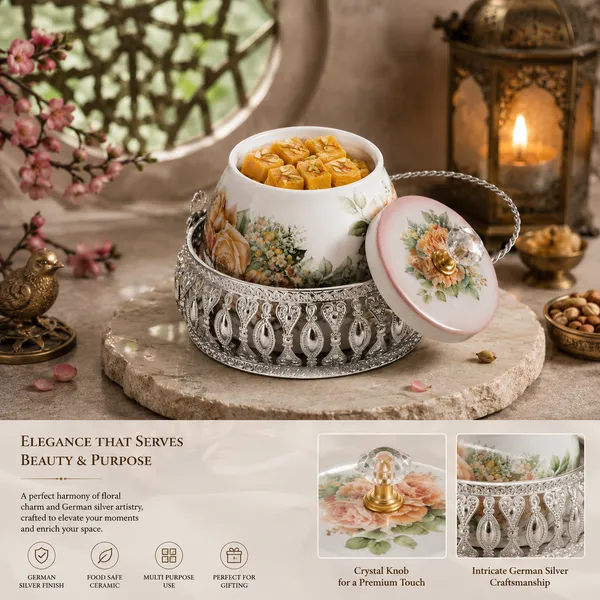 Floral_Ceramic_Sugar_Pot_With_Metal_Filigree_Stand