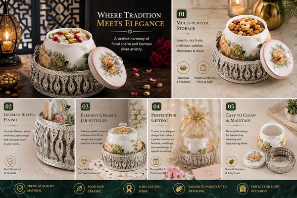 Floral_Ceramic_Sugar_Pot_With_Metal_Filigree_Stand
