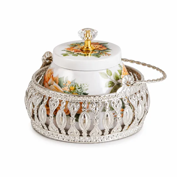 Floral_Ceramic_Sugar_Pot_With_Metal_Filigree_Stand