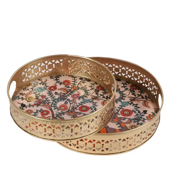 Gold_Metal_Floral_Print_Round_Serving_Tray_Set
