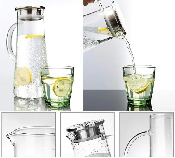 _1.3_Liter_Glass_Pitcher_with_Stainless_Steel_lid_iced_Tea_Pitcher_Water_jug_hot_&_Cold_Water_Wine_Coffee_Milk_Juice_Beverage_Carafe_and_Sun_Tea_jar,_1300ml