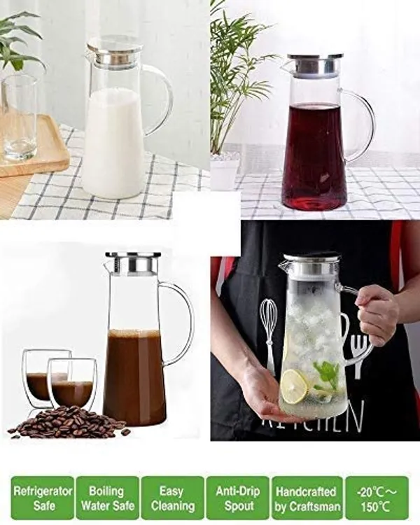 _1.3_Liter_Glass_Pitcher_with_Stainless_Steel_lid_iced_Tea_Pitcher_Water_jug_hot_&_Cold_Water_Wine_Coffee_Milk_Juice_Beverage_Carafe_and_Sun_Tea_jar,_1300ml
