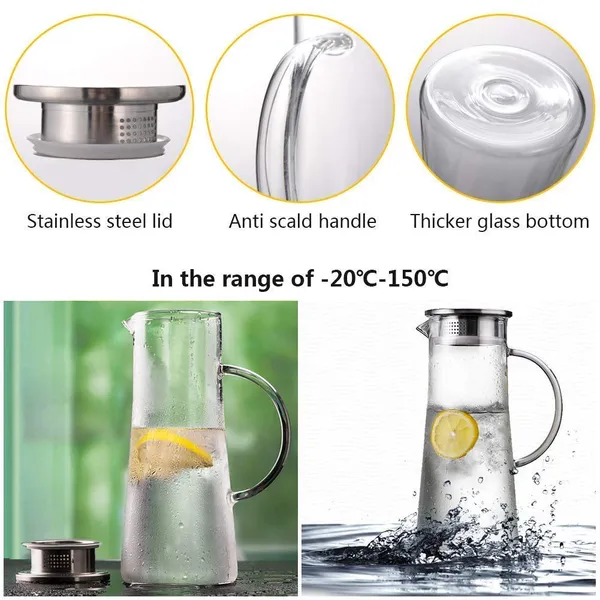_1.3_Liter_Glass_Pitcher_with_Stainless_Steel_lid_iced_Tea_Pitcher_Water_jug_hot_&_Cold_Water_Wine_Coffee_Milk_Juice_Beverage_Carafe_and_Sun_Tea_jar,_1300ml