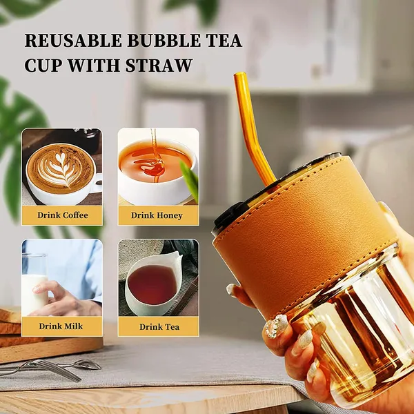 Glass_Tumbler_with_Silicone_Straw_and_Lid_435ml,_Pack_of_2_Glass_Cup_with_Leather_Sleeve,_Glass_Coffee_Mugs_for_Straw_and_Direct_Drinking_Mouth_Dual_Use,_Summer_Travel_Essential_Bottle_(Amber_+_Black)