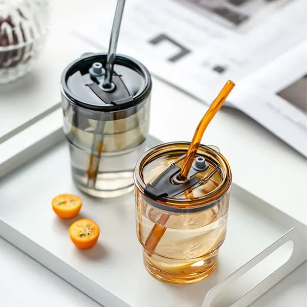 Glass_Tumbler_with_Silicone_Straw_and_Lid_435ml,_Pack_of_2_Glass_Cup_with_Leather_Sleeve,_Glass_Coffee_Mugs_for_Straw_and_Direct_Drinking_Mouth_Dual_Use,_Summer_Travel_Essential_Bottle_(Amber_+_Black)