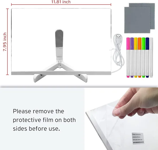3D_Acrylic_Dry_Erase_Board_with_Stand_&_Light_as_a_Glow_Memo_LED_Letter_Rewritable_Message_Glass_White_Board_Lamp_with_13_Color_Pen,_Note_Daily_Painting_for_Office_Home_(20x30_CM)_(Large)