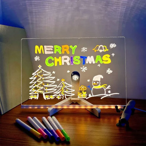 3D_Acrylic_Dry_Erase_Board_with_Stand_&_Light_as_a_Glow_Memo_LED_Letter_Rewritable_Message_Glass_White_Board_Lamp_with_13_Color_Pen,_Note_Daily_Painting_for_Office_Home_(20x30_CM)_(Large)