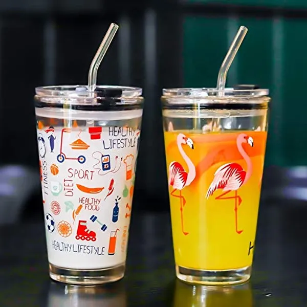 Drinking_Glass_Measuring_Mug/Cup_with_Silicone_Straw_and_Glass_Lid_Cartoon_Pattern,Creative_Multipurpose_Drink_for_Milk,Tea,Coffee,Juice,Thick_Shake_(Set_of_3)_400_ml