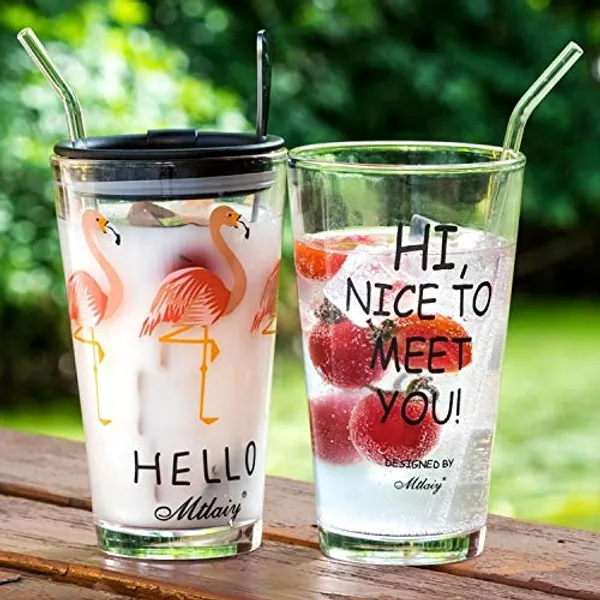 Drinking_Glass_Measuring_Mug/Cup_with_Silicone_Straw_and_Glass_Lid_Cartoon_Pattern,Creative_Multipurpose_Drink_for_Milk,Tea,Coffee,Juice,Thick_Shake_(Set_of_4)_400_ml