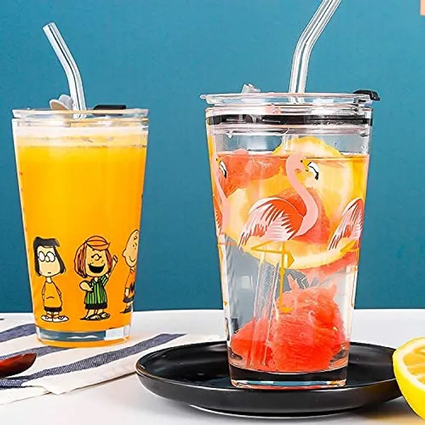 Drinking_Glass_Measuring_Mug/Cup_with_Silicone_Straw_and_Glass_Lid_Cartoon_Pattern,Creative_Multipurpose_Drink_for_Milk,Tea,Coffee,Juice,Thick_Shake_(Set_of_3)_400_ml