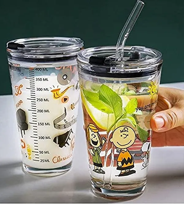 Drinking_Glass_Measuring_Mug/Cup_with_Silicone_Straw_and_Glass_Lid_Cartoon_Pattern,Creative_Multipurpose_Drink_for_Milk,Tea,Coffee,Juice,Thick_Shake_(Set_of_3)_400_ml