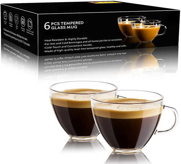 _Glass_Tea_Cups_Set_of_6,_Coffee_Mugs_with_Handle_Transparent_Drinking_Cup_for_Milk,_Cappuccino,_Hot_Chocolate_&_Cold_Beverages_(210ml)_(Round)