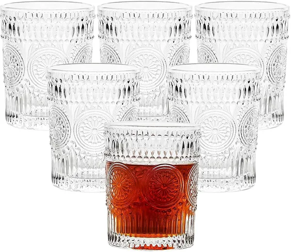 Glass_Drinking_Cup_Set_of_6,_Embossed_Textured_Designer_Glasses_Perfect_for_Water,Juice,Beer,Beverage,_Vintage_Glass_Tumbler_300ml
