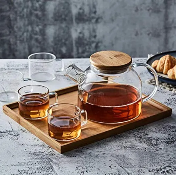 _Tableware_Tea_Coffee_Serving_Set_Wooden_Tray_Heat-Resistant_Glass_Tea_Hot_Water_Bottle_1_Teapot_with_Wooden_Lid,_4_Cups_and_1_Tray_Loose_Leaf_Tea_Filter_Spout_Natural_Flowering_Tea-_Set_of_6