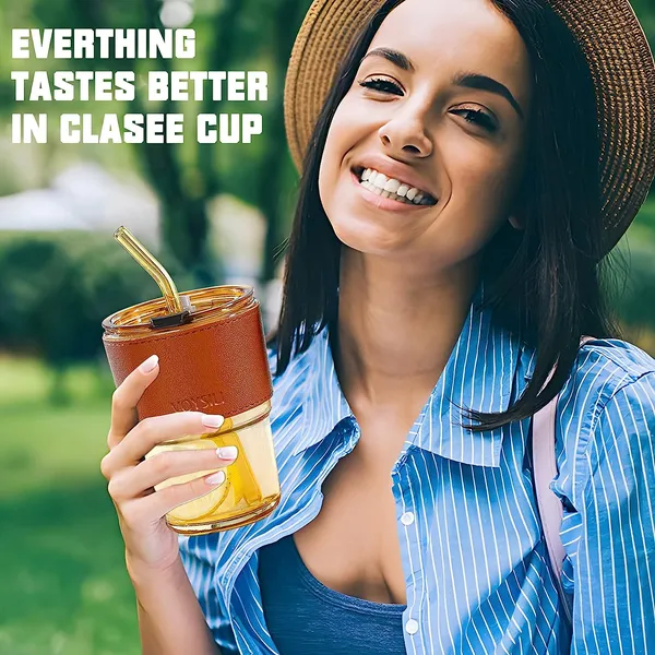 Glass_Tumbler_with_Silicone_Straw_and_Lid_435ml_Set_of_2,_Glass_Coffee_Mugs_with_Leather_Sleeve,_Drinking_Cup_for_Straw_and_Direct_Mouth_Dual_Use,_Summer_Travel_Sipper_Bottles_(Amber)