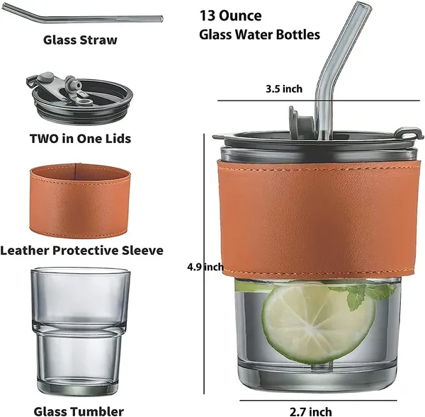 Glass_Tumbler_with_Silicone_Straw_and_Lid_435ml,_Glass_Cup_with_Leather_Sleeve,_Glass_Coffee_Mugs_for_Straw_and_Direct_Drinking_Mouth_Dual_Use,_Summer_Travel_Essential_Bottle_Pack_of_1_(Black)