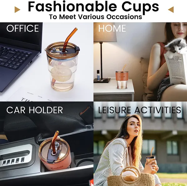 Glass_Tumbler_with_Silicone_Straw_and_Lid_435ml_Set_of_2,_Glass_Coffee_Mugs_with_Leather_Sleeve,_Drinking_Cup_for_Straw_and_Direct_Mouth_Dual_Use,_Summer_Travel_Sipper_Bottles_(Amber)
