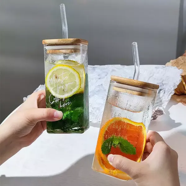 Random_Printed_Square_Glass_Mason_Sipper_with_Airtight_Bamboo_Lid_and_Glass_Straw_Beer_Can_Glasses_Tumbler_for_Fruit_Juice_Milk_Soda_Iced_Tea_Coffee_Hot_&_Cold_Mug,_350ml_(Set_of_2)