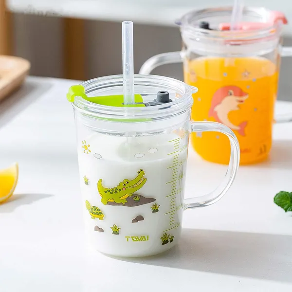 Cartoon_Printed_Design_Glass_Drinking_Mug_with_Handle_and_Clear_Lid_with_Scale_Straw_for_Coffee,Juice,Milk_and_Multiple_Usage_Sipper_400_ml_(Set_of_2)