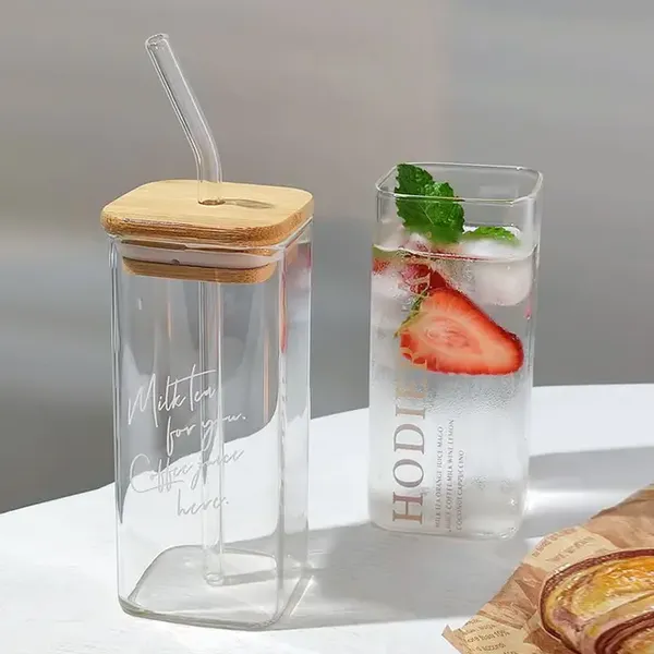 Random_Printed_Square_Glass_Mason_Sipper_with_Airtight_Bamboo_Lid_and_Glass_Straw_Beer_Can_Glasses_Tumbler_for_Fruit_Juice_Milk_Soda_Iced_Tea_Coffee_Hot_&_Cold_Mug,_350ml_(Set_of_2)