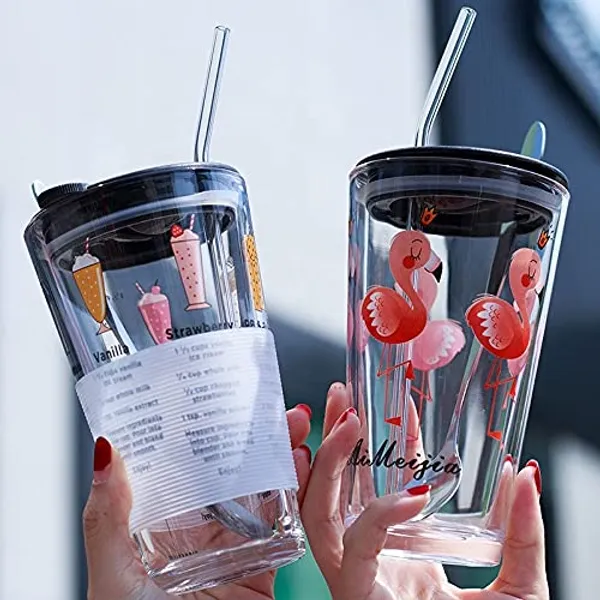 Drinking_Glass_Measuring_Mug/Cup_with_Silicone_Straw_and_Glass_Lid_Cartoon_Pattern,_Creative_Multipurpose_Drink_for_Milk,_Tea,_Coffee,_Juice,_Thick_Shake_(Set_of_2)_400_ml