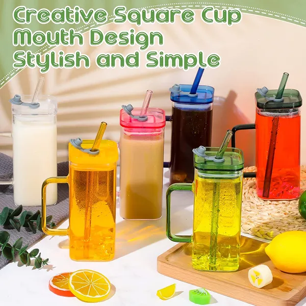 Square_Glass_Cups_with_Lids_and_Straws_Iced_Coffee_Mugs_with_Colored_Handle_400ml_Drinking_Glasses_Wide_Mouth_Glass_Tumbler_for_Home_Office_Summer_Party_(Pack_of_1)